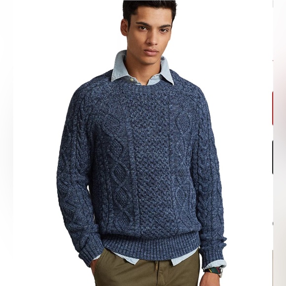 Mens POLO RALPH LAUREN Aran-Knit Cotton Crew Neck Indigo Dyed Size Large
